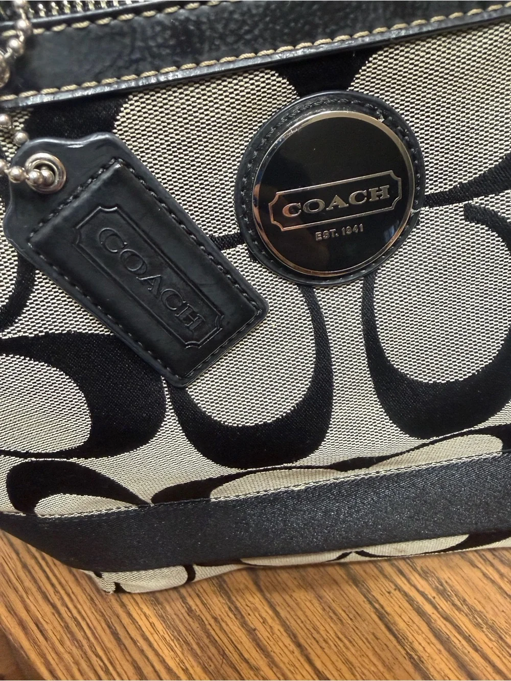 Coach Signature Black & Khaki Canvas Tote Shoulder Bag Purse Leather Trim F17433
